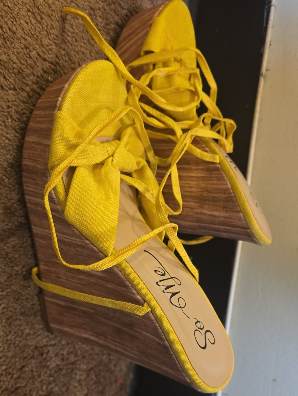 So Me Bright Yellow Lace-Up Bow Wedge Sandals